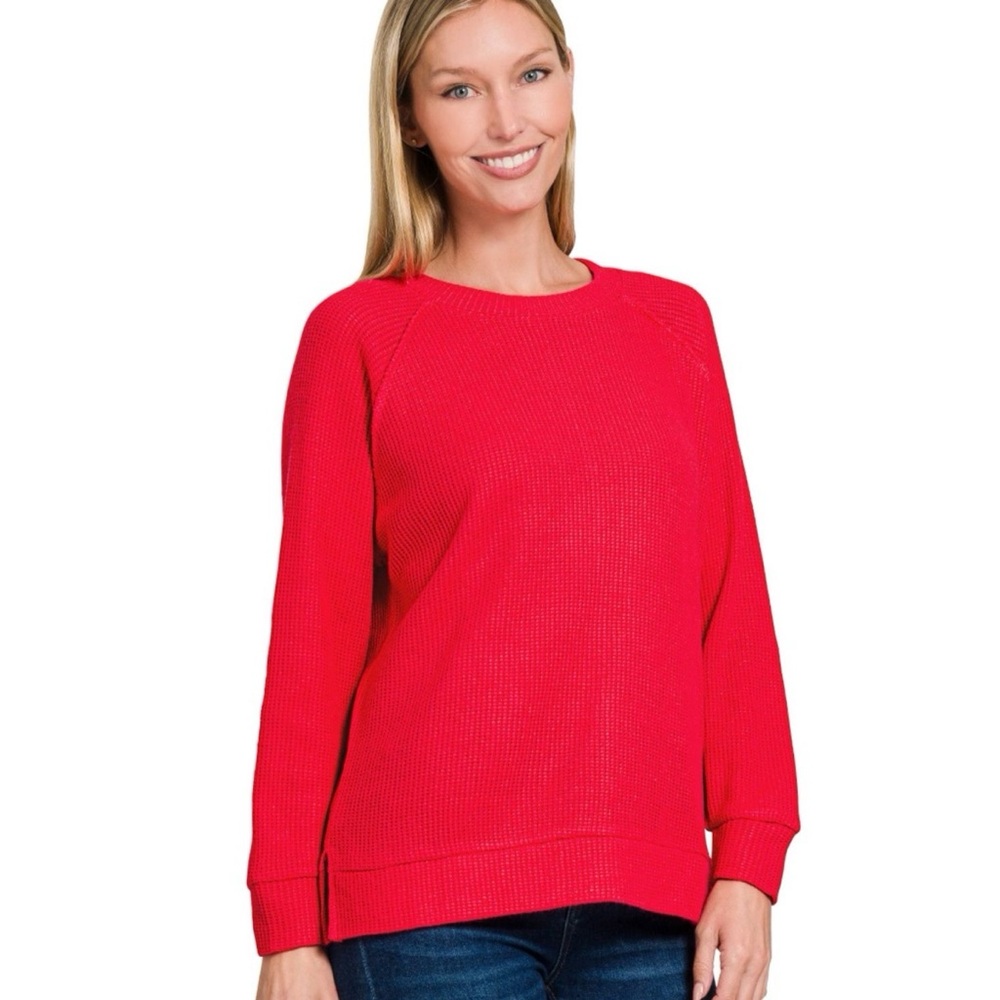 Zenana Round Neck Raglan Long Sleeve Sweater Tomato Red